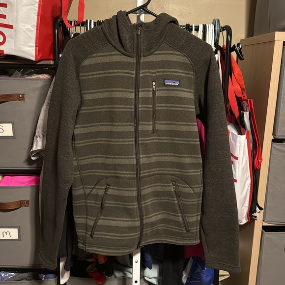 Patagonia Men's Better Sweater Hoody Sz Small Tiba Stripe Suede Brown